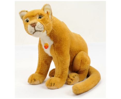 Steiff Ango puma, yellow tag 066023, 1998, with button, cloth tag, chest tag, plush, sitting, Excellent Plus, 15.75"/40cm.