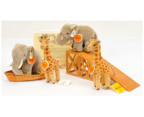 Steiff Noah's Ark pair of sets, including elephants and giraffes: (1) elephant set, 1992 to 1997, white tag 038303, LE 8000, 