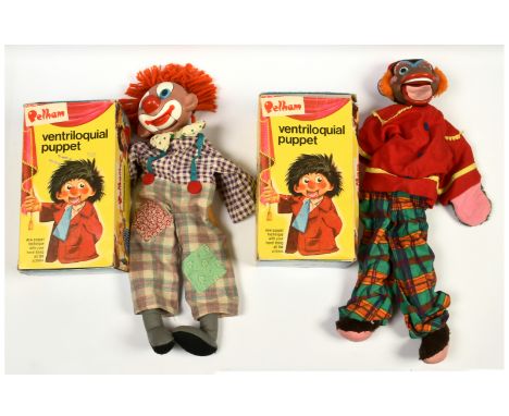 Pelham Puppets Ventriloquial Puppet pair, 1972 onwards: (1) Monkey, Good to Good Plus, within Fair Plus correct box; (2) Clow