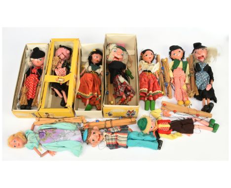 Pelham Puppets collection of vintage puppets x ten, some are boxed: Witch x 3; Mr McBoozle; Gypsy; Dutch Boy; Boy; Cinderella