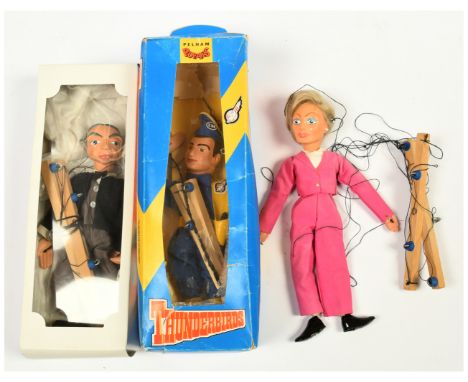 Pelham Puppets Gerry Anderson's Thunderbirds vintage puppets x three: (1) Lady Penelope; (2) Parker, in plain reproduction bo