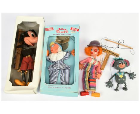 Pelham Puppets four vintage puppets: (1) Disney Mickey Mouse; (2) Andy Pandy, in blue box; (3) Mouse; (4) Clown; Fair to Exce