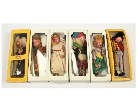 Pelham Puppets x six vintage puppets: Gretel; Clown; Fairy; Sandy McBoozle; all in reproduction boxes. Plus Schoolmaster SM5,