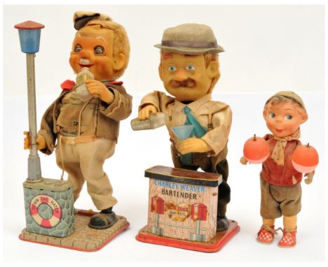 Vintage tinplate and plastic novelty figures x 3: (1) Nomura (TN Toys of Japan) Charlie Weaver Bartender, battery operated, 1