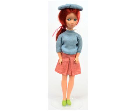 Pedigree Sindy Mitzi vintage doll, 1967, Sindy's French friend, claret red hair (discoloured), wearing blue jumper, pink skir