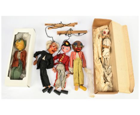 Pelham Puppets collection of five vintage puppets: (1) Mr Turnip; (2) Skeleton, in Fair Plus box; (3) Schoolmaster; (4) Fritz