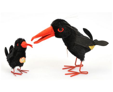 Steiff vintage Hucky raven pair, black mohair, black plastic eyes, felt beak and tail feathers, metal legs: (1) yellow tag 73