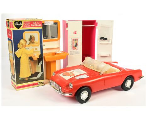 Pedigree Sindy vintage accessories: (1) MG convertible car, 1964-1965, windscreen warped, repair to one wheel; (2) Wardrobe, 