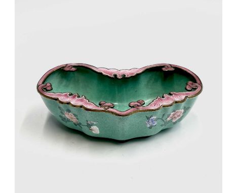 A Chinese enamel and gilt metal brush washer, decorated with pink stylised bats around the top rim, with floral sprays, heigh