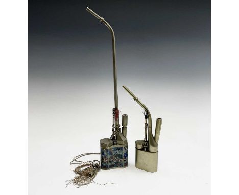 A Chinese cloisonne enamel nickel opium pipe, early 20th century, height 39.5cm, together with another nickel pipe (2).Proven