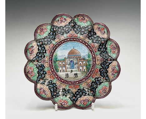 A North Indian enamel dish, early 20th century, with white metal rims, 15cm.