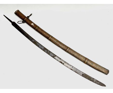 An Indo-Persian steel sword, 19th century, with a signed curved blade and foliate decorated scabbard, handle missing, scabbar