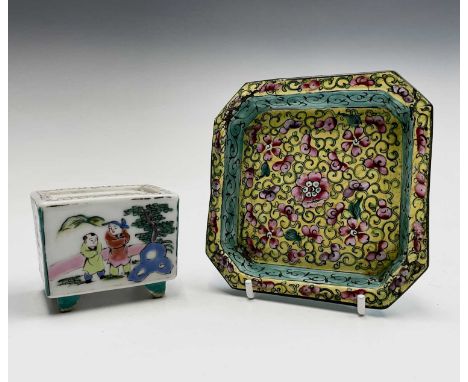 A Chinese porcelain censer, height 5cm, width 6.5cm, depth 5cm and a Chinese enamel yellow ground dish, 11cm square.