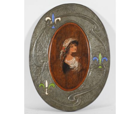 PAIR OF ARTS AND CRAFTS PAINTED PANELS 
one panel depicting an Edwardian female figure playing an instrument; the second pane