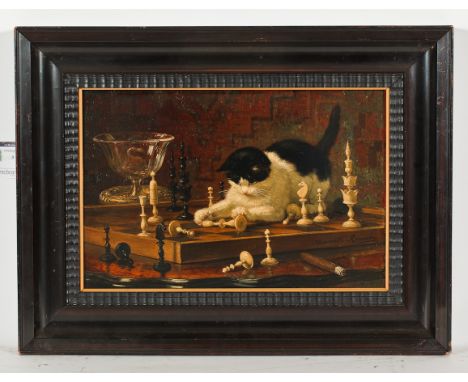 HENRIETTE RONNER KNIP (NETHERLANDS 1821 - 1909), KITTEN WITH CHESSBOARD oil on panel, signed 45cm x 32cm Framed and under gla