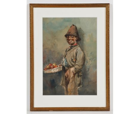 JAMES HENRY MOSER (AMERICAN 1854 - 1913),
THE FRUITSELLER
watercolour on paper, signed and dated 1890
42cm x 30cm
Mounted, fr