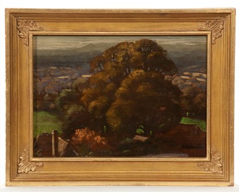 CHARLES HODGE MACKIE (SCOTTISH 1862 - 1920),
AT MILNGAVIE
oil on panel, signed
28cm x 38.5cm 
Framed
Note:  Inscribed on labe