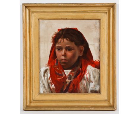 BRITISH SCHOOL (20TH CENTURY),
THE RED PATTERNED SHAWL
oil on canvas
35cm x 30cm
Framed
Label Verso: T&R Annan & Sons, Glasgo