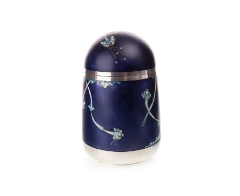 MAUREEN EDGAR SILVER AND ENAMEL TEA CADDY, London 1979, of oviform, the exterior with enamel decoration of stylised foliage o