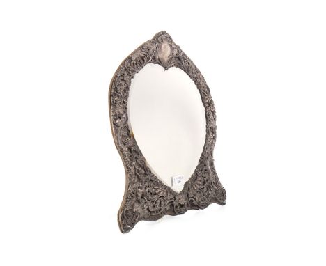 VICTORIAN SILVER HEART SHAPED EASEL MIRROR, maker William Comms, London 1894, the bevelled mirror surrounded by silver border