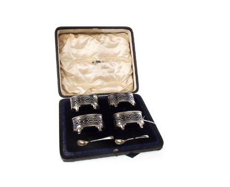 SET OF FOUR EDWARDIAN SILVER SALT CELLARS, maker Haseler &amp; Bill, Chester 1903, of oval form with pierced decoration, with