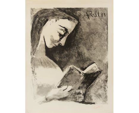 Pablo Picasso, Jacqueline lisantOriginal-Lithographie auf Velin (mit Wasserzeichen "Arches"). 55,5 x 44 cm (65 x 50,5 cm). Un