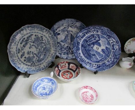 3 blue and white plates including Spode and 3 other items