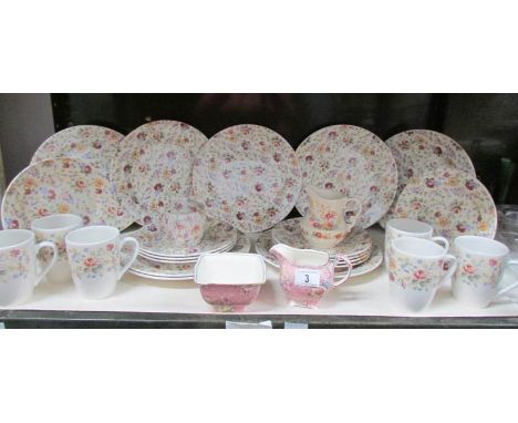 17 Churchill China plates, 6 mugs, a Royal Winton sugar bowl, milk jug and jam pot