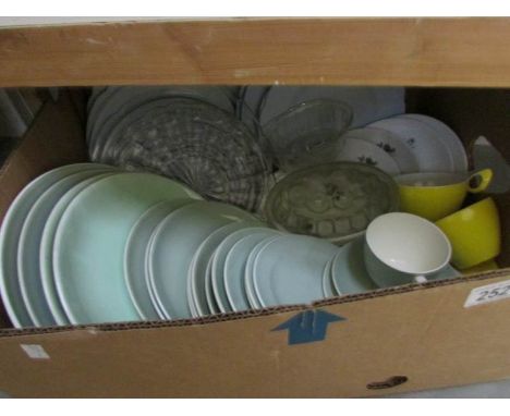 A box of miscellaneous china and glass including Poole pottery