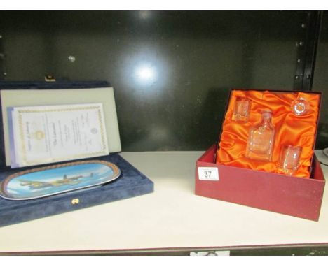 A cased Burns whisky decanter set and a Bradford Mint Lancaster bomber plate