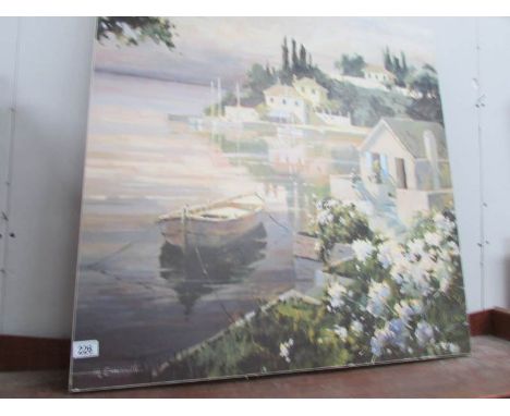 A large print on board of a lake scene