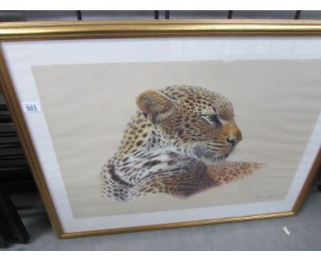 A framed and glazed limited edition signed print 'A Leopard study' by Kim Brooks