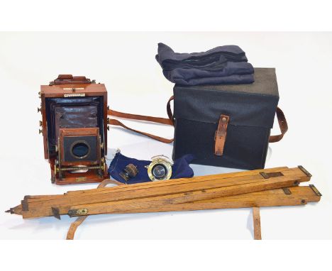 Lancaster Patent 1896 Instantagraph Wood & Brass Whole Plate Camera. In good, used condition with shutter, lens & tripod legs