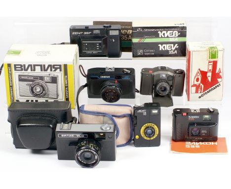 Soviet 35mm Compact Cameras. Vilia with case and box; AGAT 18; Elikon 535 with box and instructions; Kiev 35A with case, box 