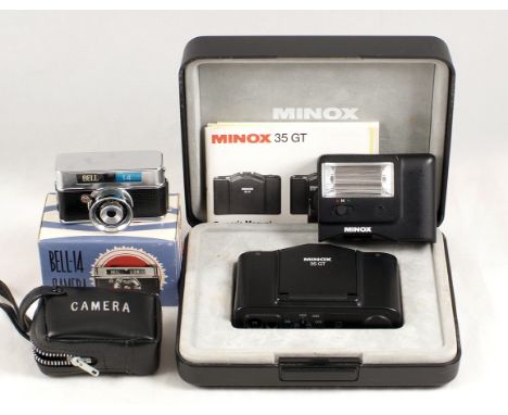 Minox 35GT 35mm Compact Camera. (condition 3F) in makers presentation box and a Minox clip-on flash. Also a Bell 14 sub-minia