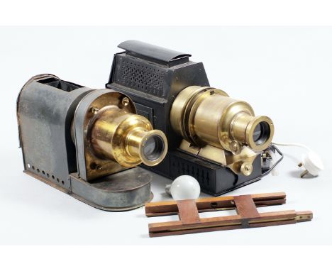A Pair of Victorian Magic Lantern Projectors. One with rack & pinion focus lens and converted to electric lamp. In working co