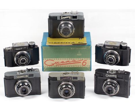 Five Lomo Type Compact Cameras. Smena 2, Smena 4, Smena 6 black (well used), Smena 6 grey, Smena 6 grey with instructions, ca