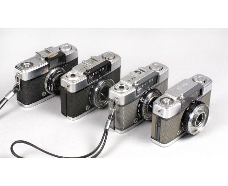 A Group of Olympus Pen Half-Frame Compact Cameras. Comprising Pen-S, Pen EE/3, Pen EE/2 (grey) and a Pen EE/1S. {Cabinet 8}