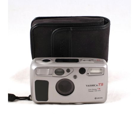 Yashica T5 Compact Camera with 35mm Tessar f3.5 T* Lens. (slight misalignment of rear door, otherwise 5F) with pouch.  {Cabin