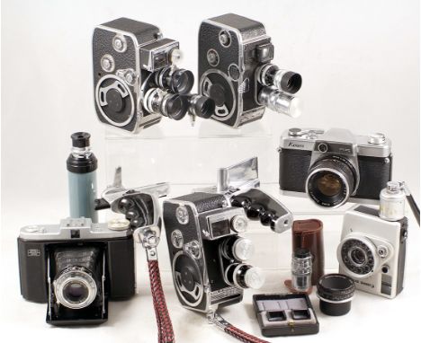 3 Bolex 8mm Cine Camera Outfits, with Cases. To include B8L (motor inoperative) with Yuar 36mm f2.8 & 13mm f1.8 lenses; D8L w