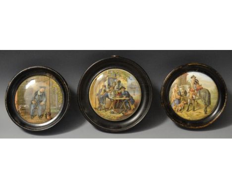 A F &amp; R Pratt pot lid and base, printed in colours with On Guard, 13cm diam, ebonised frame;  others, The Battle of the N