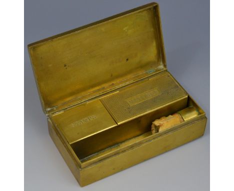 A 19th century gilt brass and enamel scribe's travel companion, the interior with  compartments for stamps, matches and taper