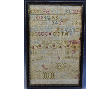 An early George III needlework sampler, by Sarah (?) Simpson, 1763, worked in coloured threads with alphabet, numerals and ve