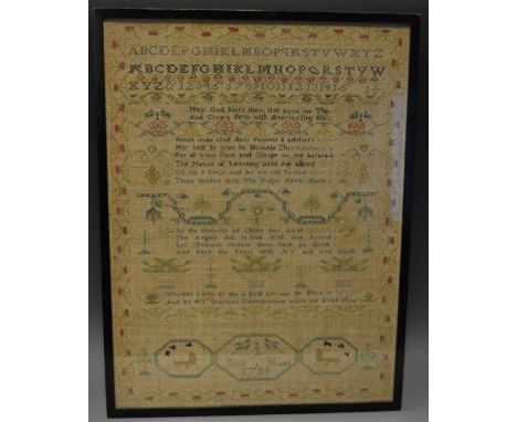 A George III needlework sampler, Sarah Hasell's work, 1789, with memorial verse, embroided stags, floral border, 33 x 43.5cm
