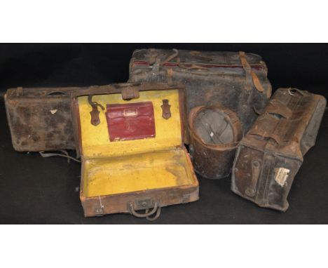 Luggage - an early 20th century leather trunk, with Great Northern Railway labels, Uttoxeter, Derby, 80cm x 40cm;  a leather 