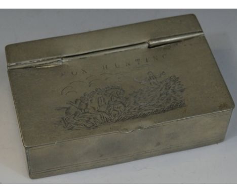 A 19th  century Compton, London pewter table snuff box, the hinged cover engraved and inscribed Fox Hunting, 13cm wide, c.188