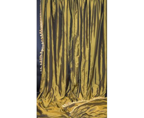 Home Soft Furnishings - a green taffeta curtain,  edged with tassels, approx 290cm drop, 180cm wide; a pair of smaller matchi
