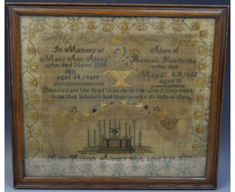 An early Victorian needlework sampler, Sarah Hannah Alsop's work, aged 11 years, 1837, with memorial verse, angels, a basket 