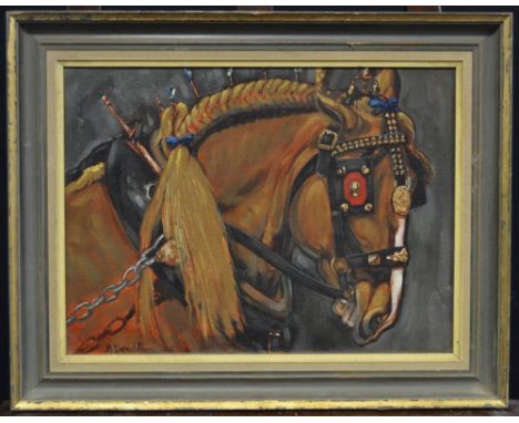 R**Donaldson (20th century)Shire Horsesigned, date code for 83, oil on canvas, 29cm x 39cm