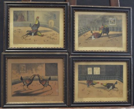 H Alken, after, C R Stock, by,  as set of four, Cock Fighting, Set To, Fight, Throat and Death,  coloured engravings, 14.5cm 